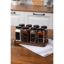 Özbience Şık Ahşap Standlı Cam Baharatlık Seti 8'li Siyah Kapaklı ve Etiketli