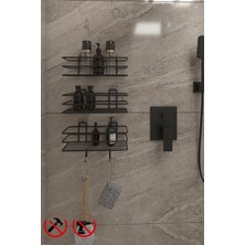 Özbience Yapışkanlı 3'lü 3 Katlı Siyah Banyo ve Mutfak Düzenleyici Raf
