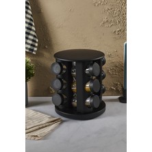 Özbience Siyah Döner Standlı Yuvarlak Cam Baharatlık Seti 12'li