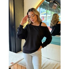 Yeşil Sarmaşık Kadın Uzun Kollu Tek Omuz Askı Detay Salaş Viskon Iki Iplik Bluz