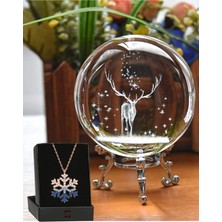 Normadia 3D Geyik Temalı Cam Küre ve Zirkon Kar Tanesi Kolye, Dekoratif Aksesuar