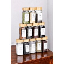 Özbience 12’li Bambu Kapaklı Kare Cam Baharatlık Takımı, Şık ve Kullanışlı Set