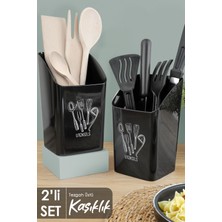 PremiumPort 2'li Mutfak Tezgah Üstü Kaşıklık ve Bıçak Standı Siyah