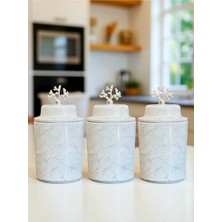 Özbience Seramik Baharatlık Seti, Büyük Boy, Kapaklı, 3'lü, Beyaz Gümüş Mermer Tasarım