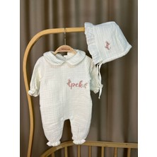 Handemnakış Tasarım Unisex Bebek Takımı İsimli Nakışlı 2'li Hastane Çıkış Seti - Ekru Tulum Şapka