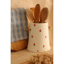 PremiumPort Çiçekli Dekoratif Hasır Kulp Büyük Kaşıklık ve Vazo Seti