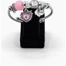 Pangu Pembe Taşlı Kalp & Love Figürlü Gümüş Renk Çelik Charm Bileklik