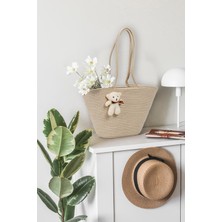 Helen's Home Hasır Omuz Çantası Ayıcıklı Plaj Çantası - Bej