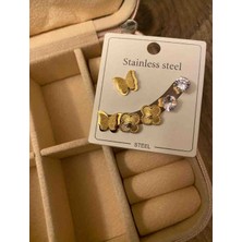 Güneş Takı Gold Kelebek Yonca Zirkon Taşlı 3lü Çift Çelik Küpe Seti