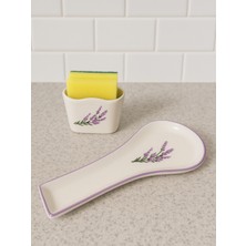 PremiumPort Lavanta Desenli 2'li Mutfak Seti: Kirli Kaşıklık, Süngerlik ve Kaşık Altlığı