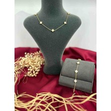 Güneş Takı Gold Sarı Mini Çelik Yonca Model Kolye Bileklik Seti