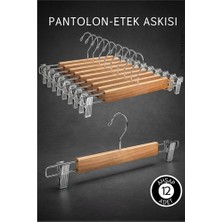 12 Adet Ahşap Pantolon Etek Askısı - Ayarlanabilir Gümüş Mandallı 36CM Organizer Set