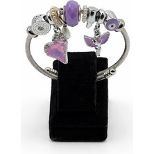 Pangu Mor Boncuklu & Melek Figürlü Gümüş Renk Çelik Charm Bileklik