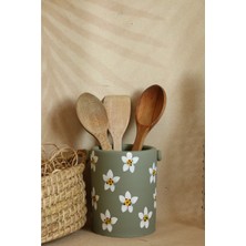 PremiumPort El Yapımı Retro Yeşil Papatyalı Seramik Kaşıklık ve Vazo Seti