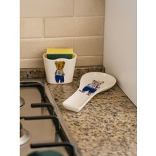 PremiumPort El Yapımı Ayıcıklı Seramik Mutfak Seti, Süngerlik, Kaşıklık ve Kepçe Altlığı