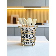 PremiumPort Seramik Dik Kaşıklık, Gri Leopar ve Gold Detaylı, Şık Mutfak Aksesuarı