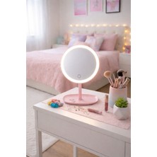 TD LED Işıklı, USB Şarjlı, Masa Üstü Dokunmatik Yuvarlak Pembe Makyaj Aynası