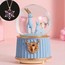 Normadia Mavi Geyikli Orta Boy Işıklı Müzikli Kar Küresi ve Lotus Çiçeği Kolye