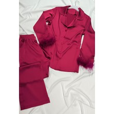 Velina Group Saten, Uzun Kollu Pijama Takımı, Kaz Tüyü Detayıyla.