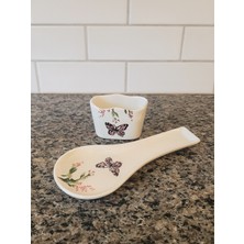 PremiumPort 2'li Mutfak Seti, Kelebek Temalı Seramik Kaşıklık ve Süngerlik