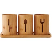 PremiumPort Bambu 3’lü Altlıklı Mutfak Gereçleri Seti, Şık ve Fonksiyonel Tasarım