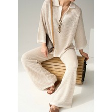 Ajurlu Triko Ikili Takım – Krem Bej | Uzun Kollu Polo Yaka Üst & Rahat Kesim Pantolon