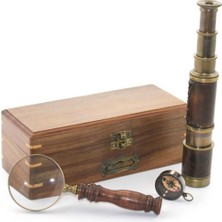 Özbience Ahşap Kutu ve Çocuklar Için Pirinç Pusula, Dürbün, Büyüteç Seti 23X8 cm