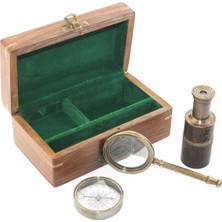 Özbience Ahşap Kutu Seti, Pusula, Dürbün ve Büyüteç ile Keşif Seti