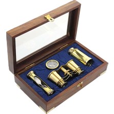 Özbience Ahşap Kutulu Pirinç Dürbün, Pusula ve Kum Saati Seti