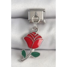 Erbilden Erb 316L Çelik Gümüş Renk Sallantı Kırmızı Gül Model Nomination Charm