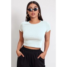 MTM My The Mall Giyim Kadın Beyaz Yuvarlak Yaka Yarım Kol Crop Top Bluz