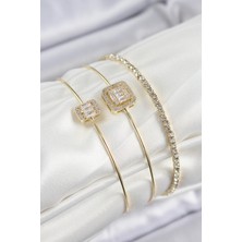 Ett Pirinç Zirkon Taşlı Baget Model Gold Renk Vip 3'lü Kadın Bileklik