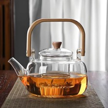 PremiumPort Bambu Saplı 1000ML Isıya Dayanıklı Cam Demlik ve Süzgeçli Çay Seti