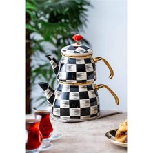 PremiumPort Emaye Damalı Çaydanlık Takımı, Zarif ve Şık Tasarım, Dayanıklı Malzeme