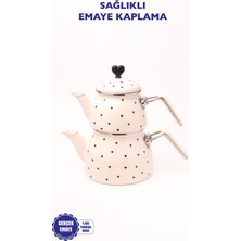 PremiumPort Kalp Desenli Emaye Çaydanlık Takımı, Zamak Tepi, Şık ve Dayanıklı