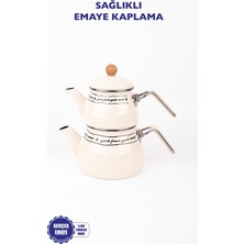 PremiumPort Şık Emaye Çaydanlık Takımı, Ahşap Tepeli, Zarif ve Fonksiyonel Tasarım