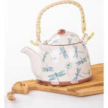 PremiumPort Hasır Saplı Porselen Demlik 900ML, Yusufçuk Dekoru, Çay ve Kahve Sunumu