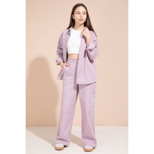 Cansın Mini Pembe Kalp Işlemeli Gömlekli Geniş Paça Pantolonlu Kız Çocuk Gabardin Takım 23552