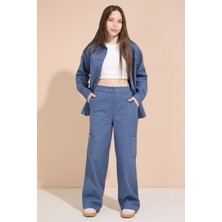 Cansın Mini Indigo Kalp Işlemeli Gömlekli Geniş Paça Pantolonlu Kız Çocuk Gabardin Takım 23555