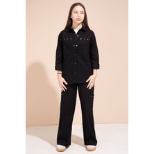 Cansın Mini Siyah Kalp Işlemeli Gömlekli Geniş Paça Pantolonlu Kız Çocuk Gabardin Takım 23551