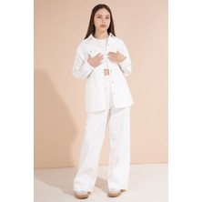 Cansın Mini Beyaz Kalp Işlemeli Gömlekli Geniş Paça Pantolonlu Kız Çocuk Gabardin Takım 23553