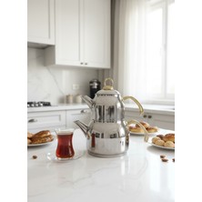 PremiumPort Indüksiyon Uyumlu Mini Boy Çelik Gold Kulp Çaydanlık Takımı