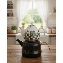 PremiumPort Emaye Desenli Büyük Boy Siyah Çaydanlık ve Porselen Demlik Seti