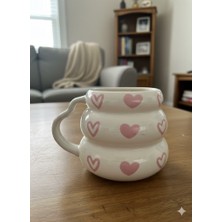 Palto Tasarım Pembe Kalpler Baskılı El Yapımı Krem Parlak Bubble Kupa - El Işçiliği Hediyelik Kupa