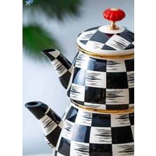 PremiumPort Şık Siyah Emaye Gold Detaylı Çaydanlık, Dama Serisi, Eşsiz Tasarım