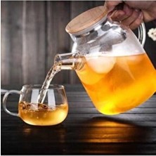 PremiumPort 1000 ml Bambu Kapaklı Isıya Dayanıklı Cam Bitki Çayı Demliği Cam Sürahi