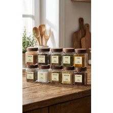 EYD 6 Adet 300ML Akasya Kapaklı Baharatlık Vida Kapaklı Cam Kavanoz (12 Etiket )