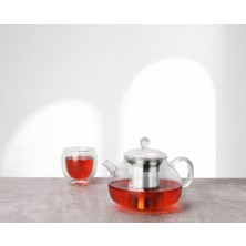 PremiumPort Paslanmaz Çelik Süzgeçli Borosilikat Cam Demlik 980 Ml, Şık ve Dayanıklı