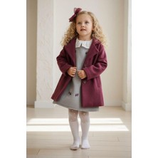 Miniğimin Cicileri  Kaşe Ceketli Çiçek Işleme Elbiseli 4 Lü Takım - Bordo