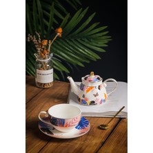 PremiumPort Kelebek Desenli Çay ve Kahve Fincanı ile Porselen Demlik Seti